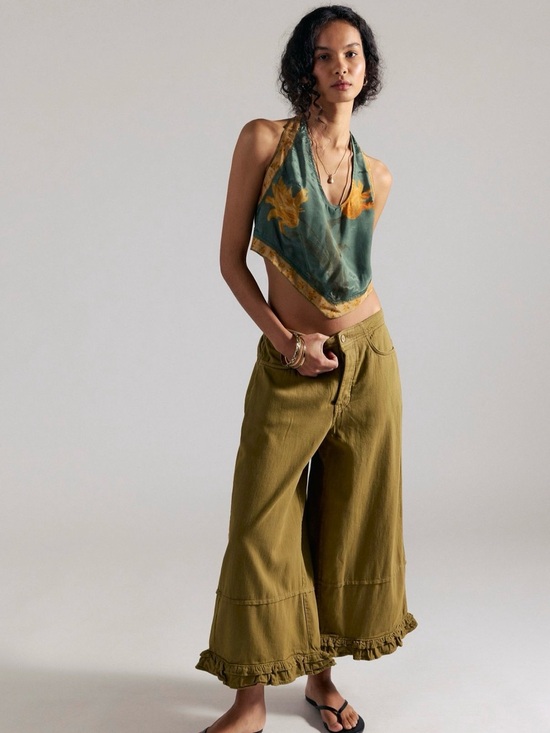 Free People Pants - Olive Wide-Leg Ruffle Bloomer Pants